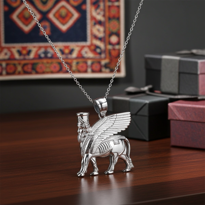 Gold Ancient Assyrian God Lamassu Winged Bull Pendant Necklace (yellow/white/rose)