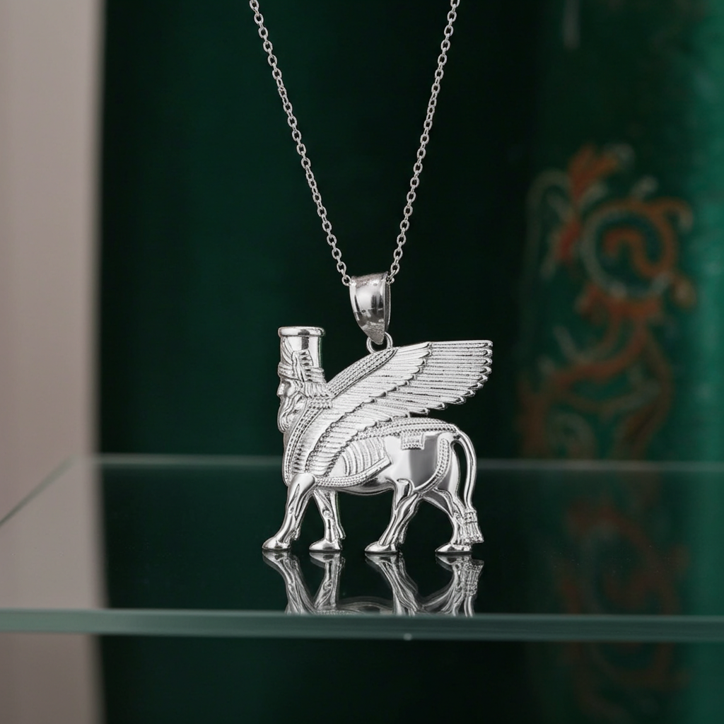 Gold Ancient Assyrian God Lamassu Winged Bull Pendant Necklace (yellow/white/rose)