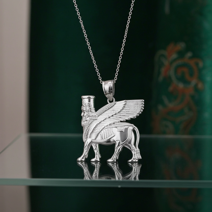 Gold Ancient Assyrian God Lamassu Winged Bull Pendant Necklace (yellow/white/rose)