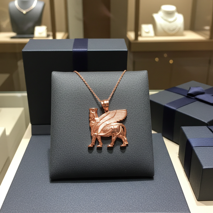 Gold Ancient Assyrian God Lamassu Winged Bull Pendant Necklace (yellow/white/rose)