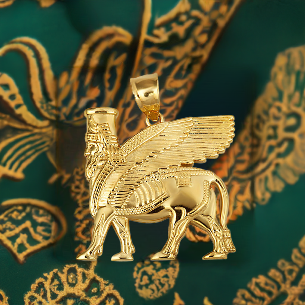 Gold Ancient Assyrian God Lamassu Winged Bull Pendant Necklace (yellow/white/rose)