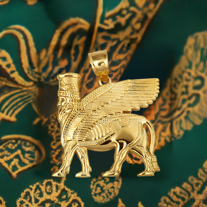 Gold Ancient Assyrian God Lamassu Winged Bull Pendant Necklace (yellow/white/rose)