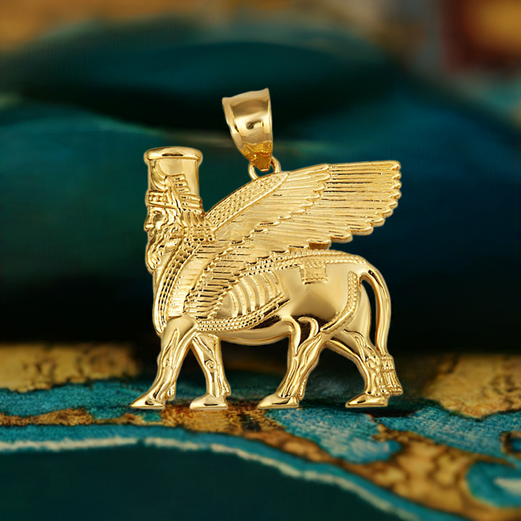 Gold Ancient Assyrian God Lamassu Winged Bull Pendant Necklace (yellow/white/rose)