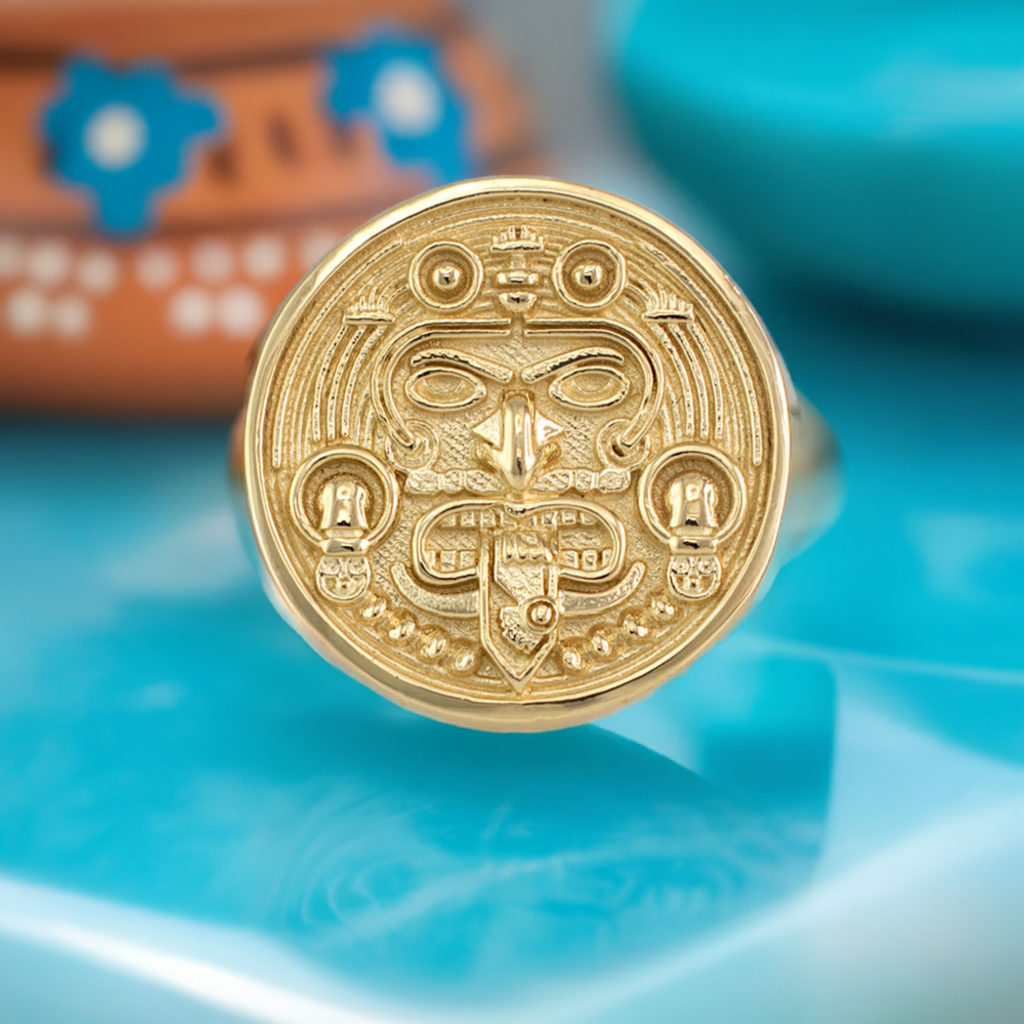 Gold Aztec Warrior Mayan Sun Statement Ring