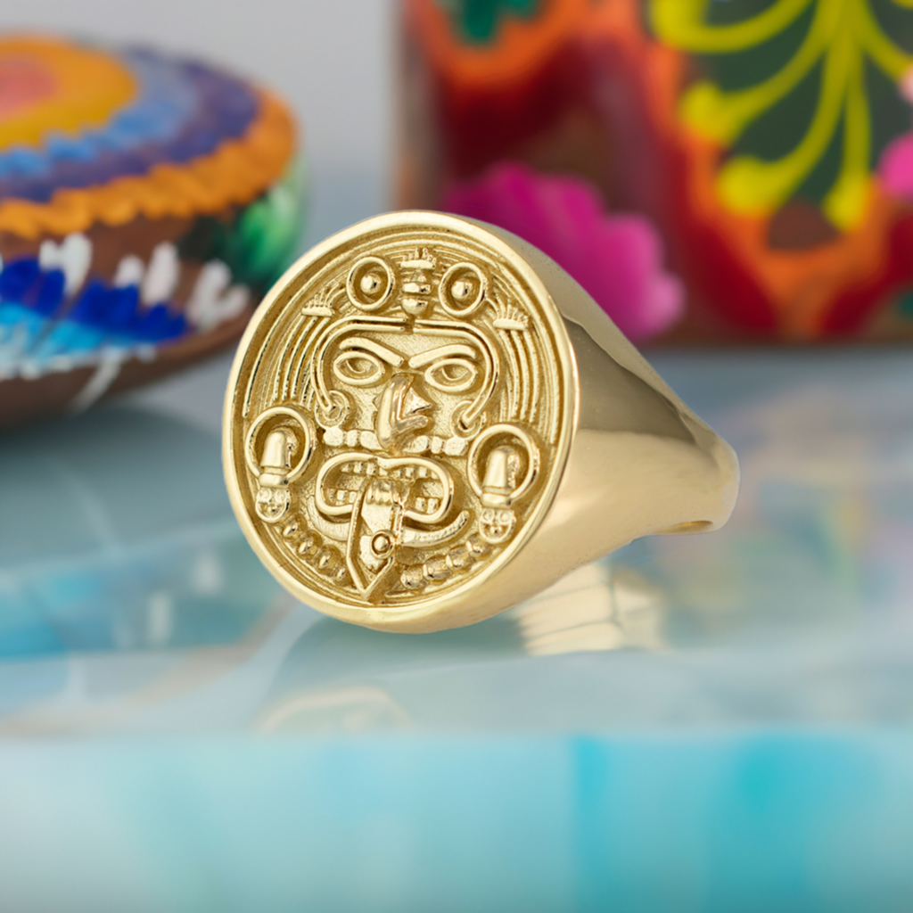 Gold Aztec Warrior Mayan Sun Statement Ring