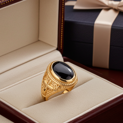 Gold Black Onyx Christian Cross Gemstone Ring