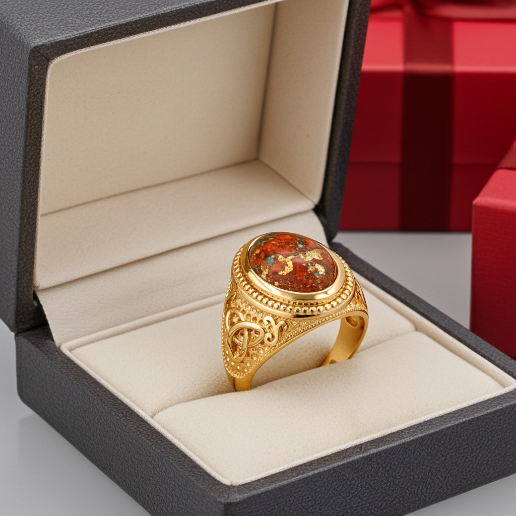 Gold Celtic Knot Orange Copper Turquoise Ring