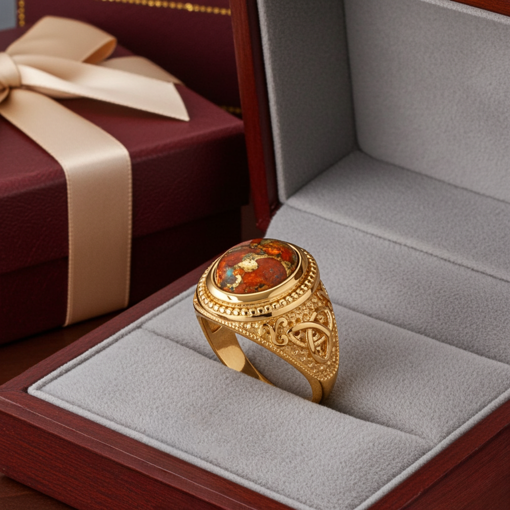 Gold Celtic Knot Orange Copper Turquoise Ring