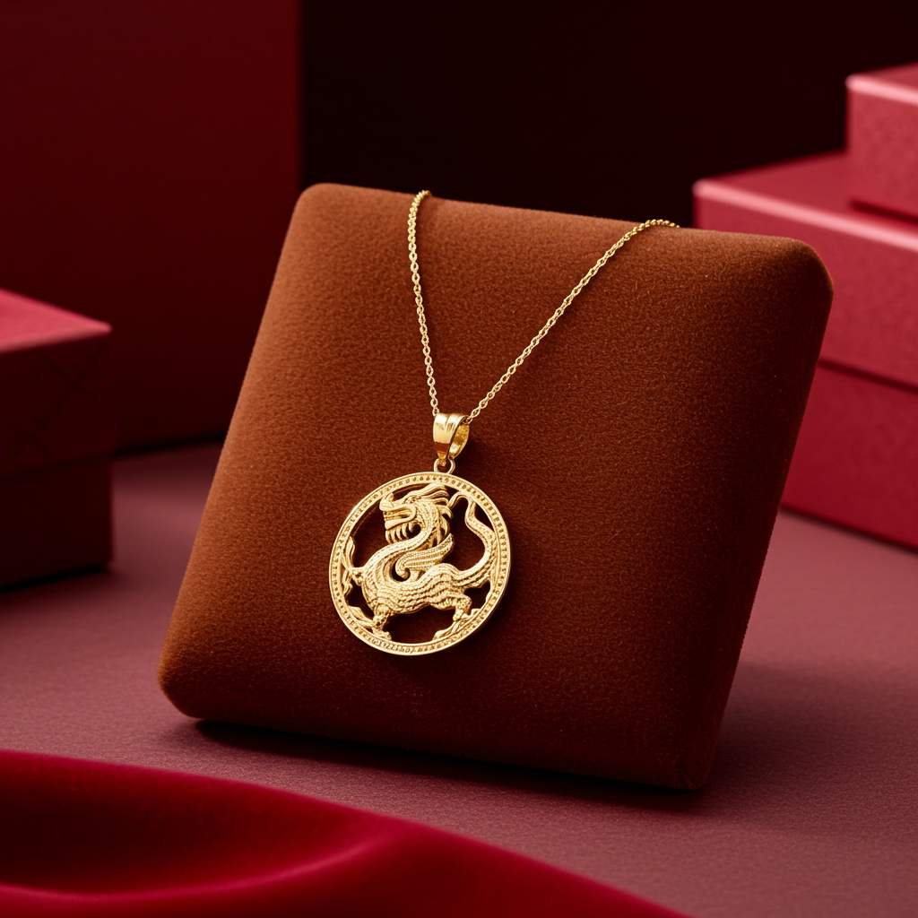 Gold Chinese Dragon Open Round Medallion Pendant Necklace (yellow, white, rose gold, 10k, 14k)