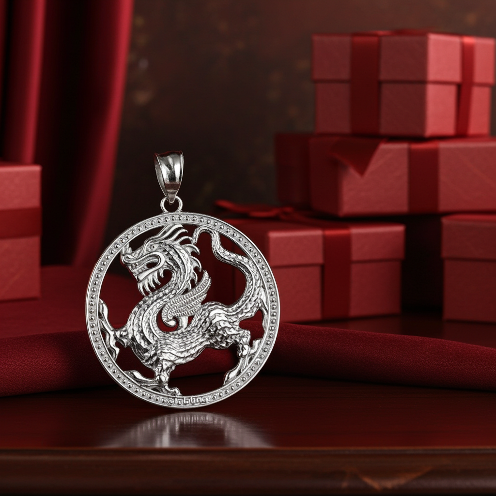 Gold Chinese Dragon Open Round Medallion Pendant Necklace (yellow, white, rose gold, 10k, 14k)