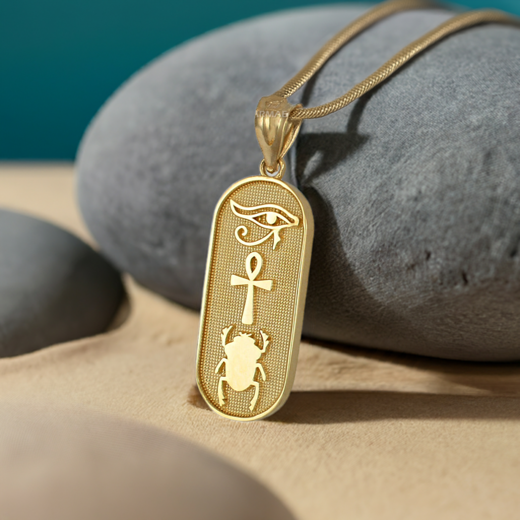 Gold Egyptian Symbols Eye of Horus, Ankh and Scarab Beetle Amulet Pendant Necklace