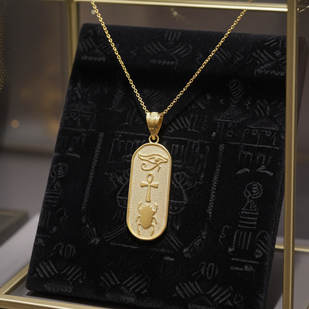 Gold Egyptian Symbols Eye of Horus, Ankh and Scarab Beetle Amulet Pendant Necklace
