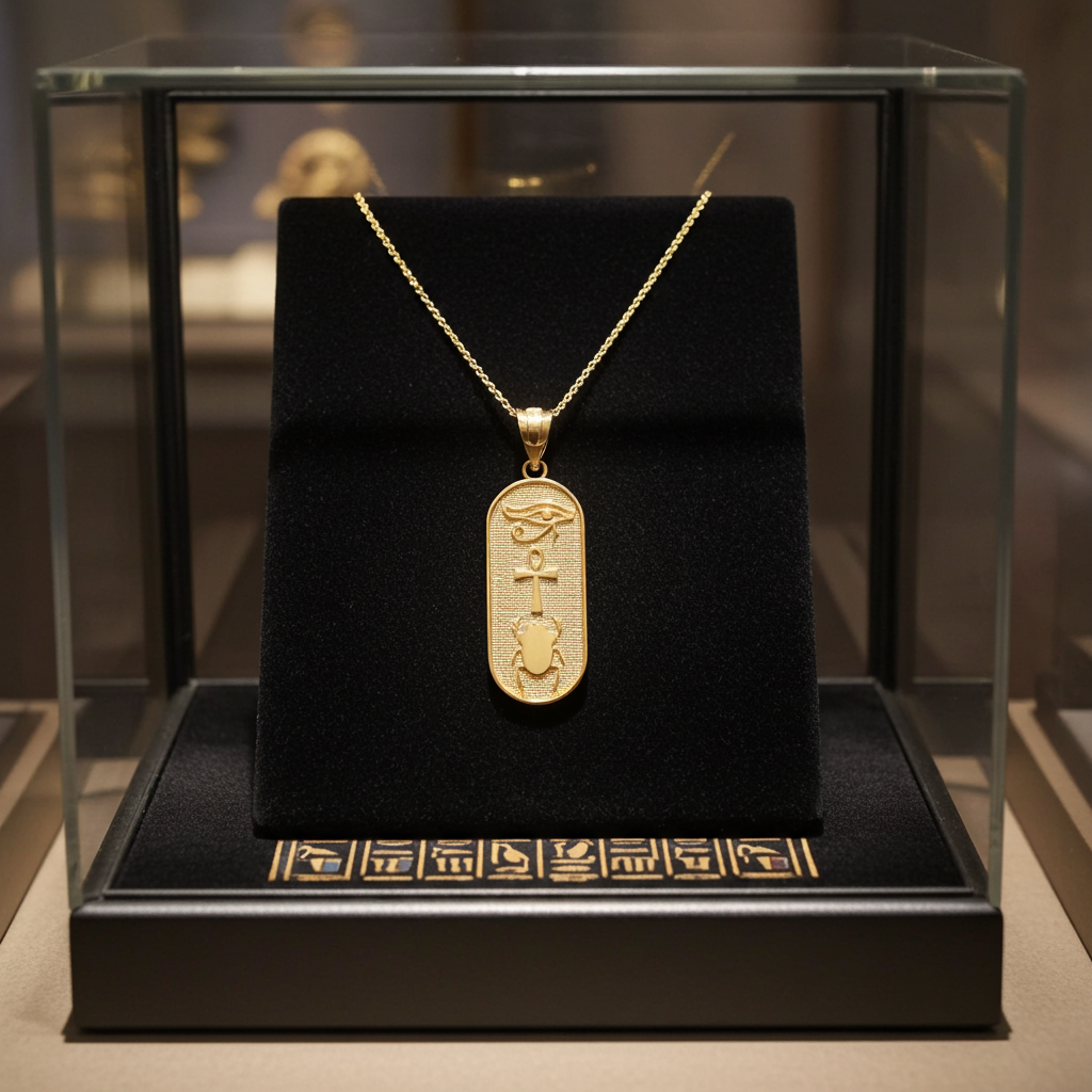 Gold Egyptian Symbols Eye of Horus, Ankh and Scarab Beetle Amulet Pendant Necklace