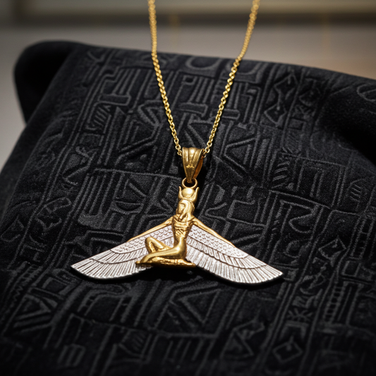Gold Isis Egyptian Winged Down Goddess Pendant Necklace (yellow, white, rose gold, 10k, 14k)