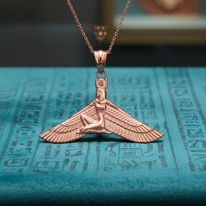 Gold Isis Egyptian Winged Down Goddess Pendant Necklace (yellow, white, rose gold, 10k, 14k)