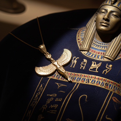 Egyptian Isis Standing Winged Goddess Gold Pendant Necklace