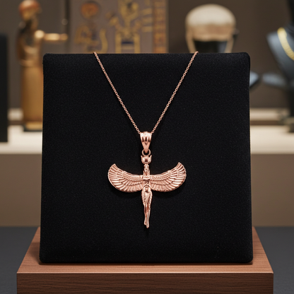 Egyptian Isis Standing Winged Goddess Gold Pendant Necklace