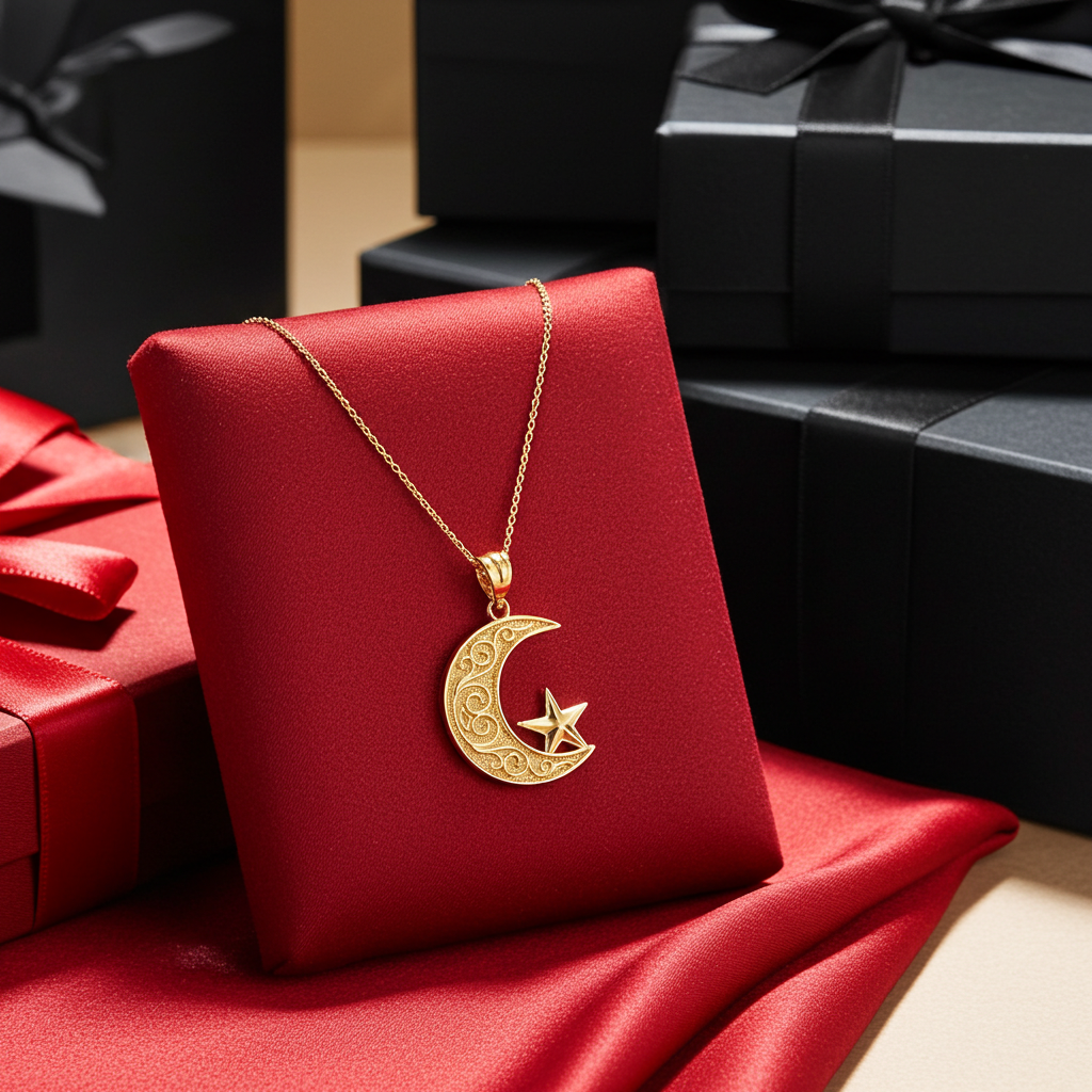 Gold Islamic Crescent Moon Pendant Necklace (yellow, white, rose gold, 10k, 14k)