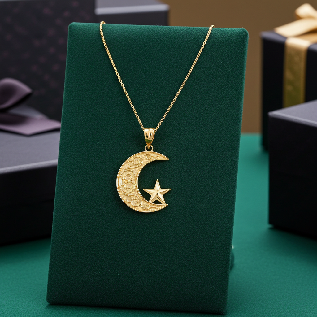 Gold Islamic Crescent Moon Pendant Necklace (yellow, white, rose gold, 10k, 14k)