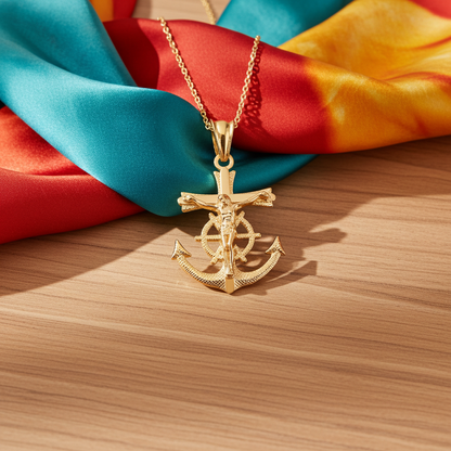 Gold Mariner Anchor Crucifix Cross Pendant Necklace (yellow, white, rose gold, 10k, 14k)
