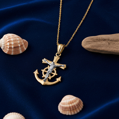 Gold Mariner Anchor Crucifix Cross Pendant Necklace (yellow, white, rose gold, 10k, 14k)