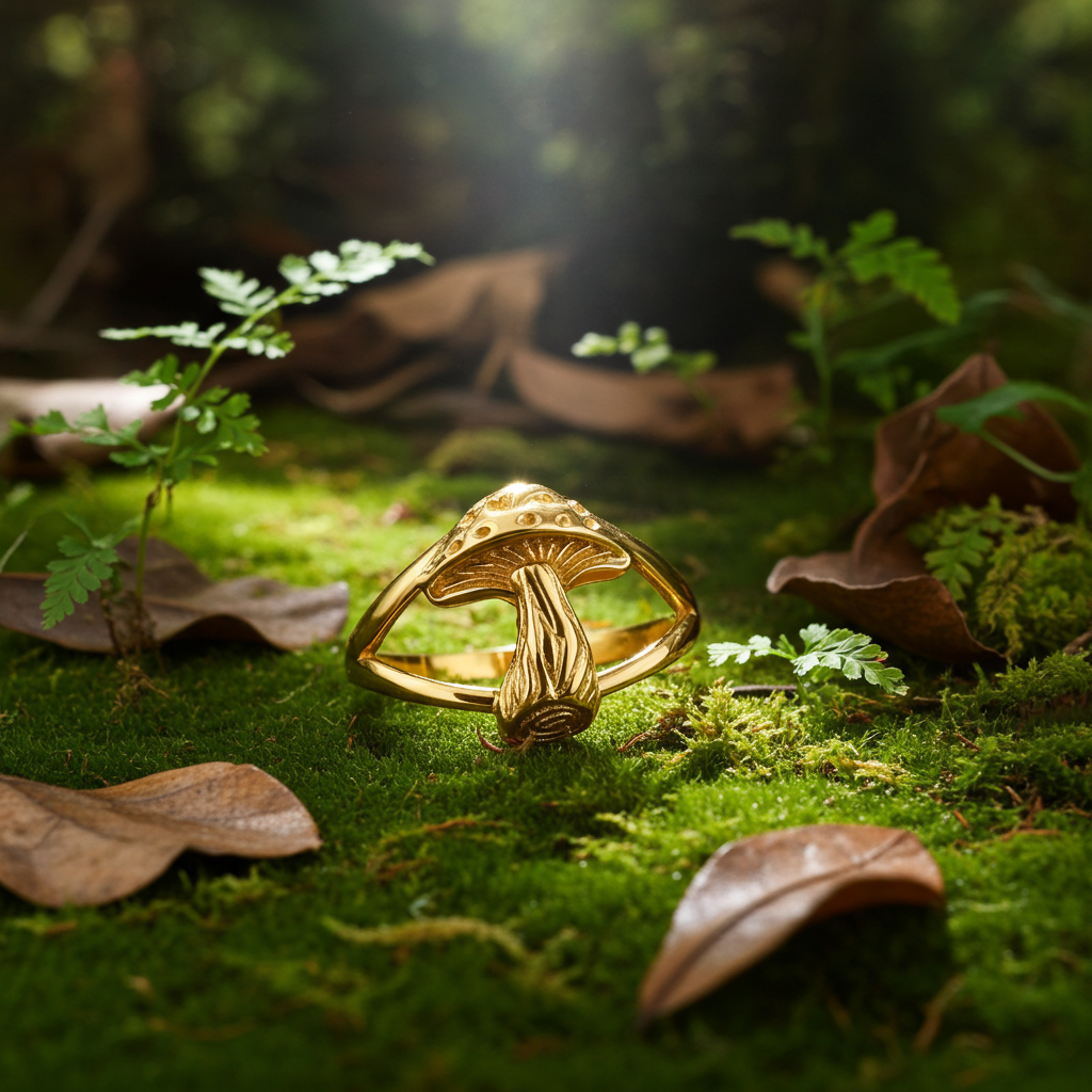 Gold mushroom-shaped ring on a green mossy surface with leaves