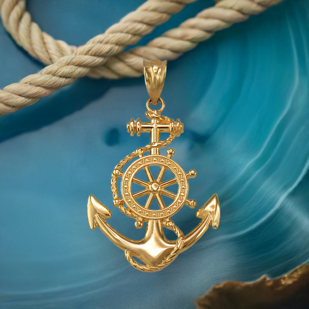 Gold Nautical Marine Anchor Pendant Necklace (yellow, white, rose gold, 10K, 14K)