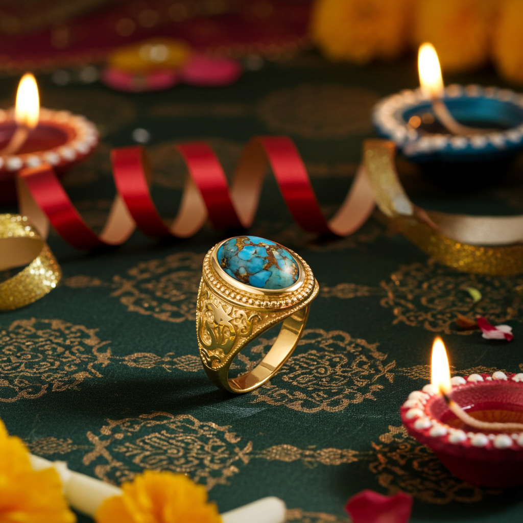Gold Om Blue Copper Turquoise Oval Yoga Ring Karma Blingz