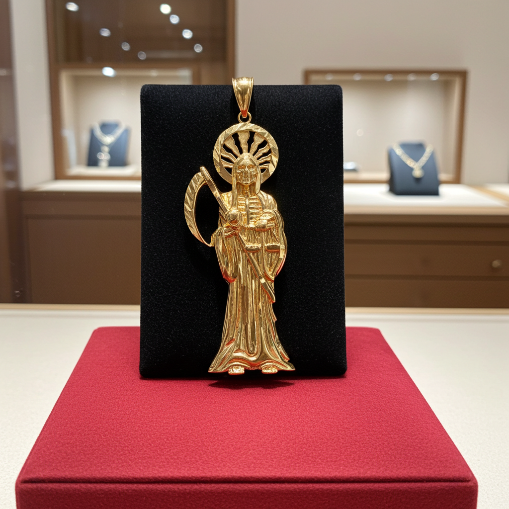 Gold Santa Muerte DC Pendant (yellow, white, rose gold, 10k, 14k)