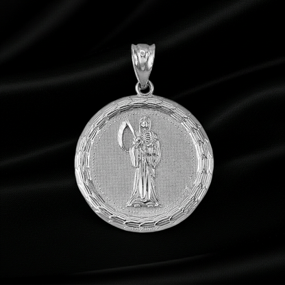 Gold Santa Muerte Medallion Pendant Necklace in 10K or 14K, Yellow, White, Rose, 2-Tone