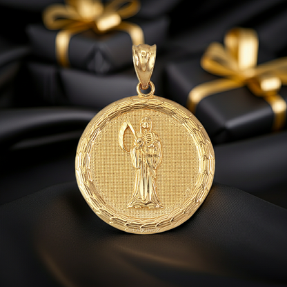 Gold Santa Muerte Medallion Pendant Necklace in 10K or 14K, Yellow, White, Rose, 2-Tone