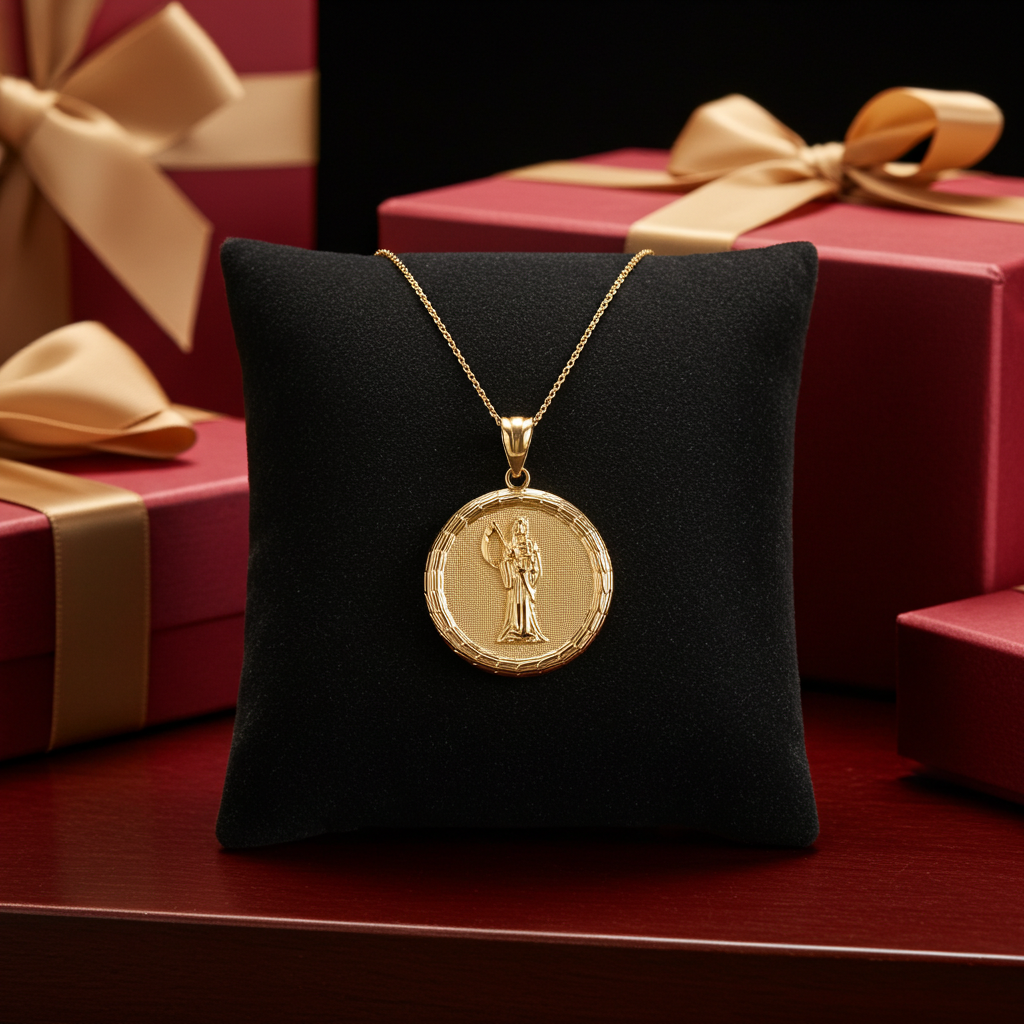 Gold Santa Muerte Medallion Pendant Necklace in 10K or 14K, Yellow, White, Rose, 2-Tone