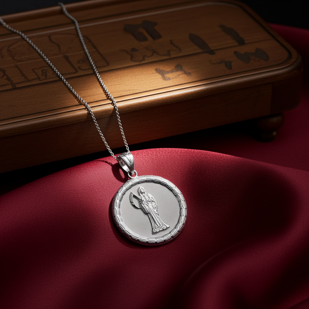 Gold Santa Muerte Medallion Pendant Necklace in 10K or 14K, Yellow, White, Rose, 2-Tone