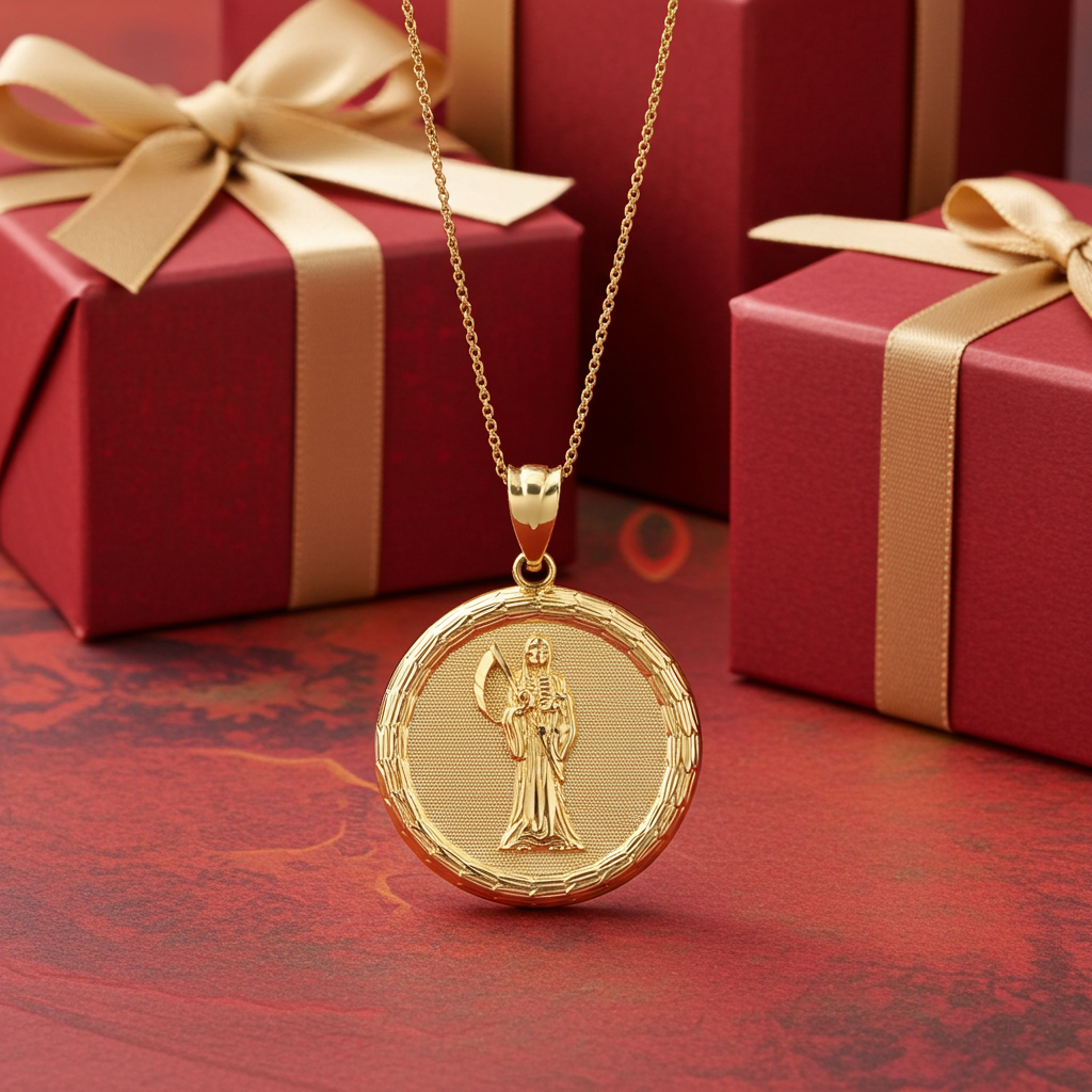 Gold Santa Muerte Medallion Pendant Necklace in 10K or 14K, Yellow, White, Rose, 2-Tone