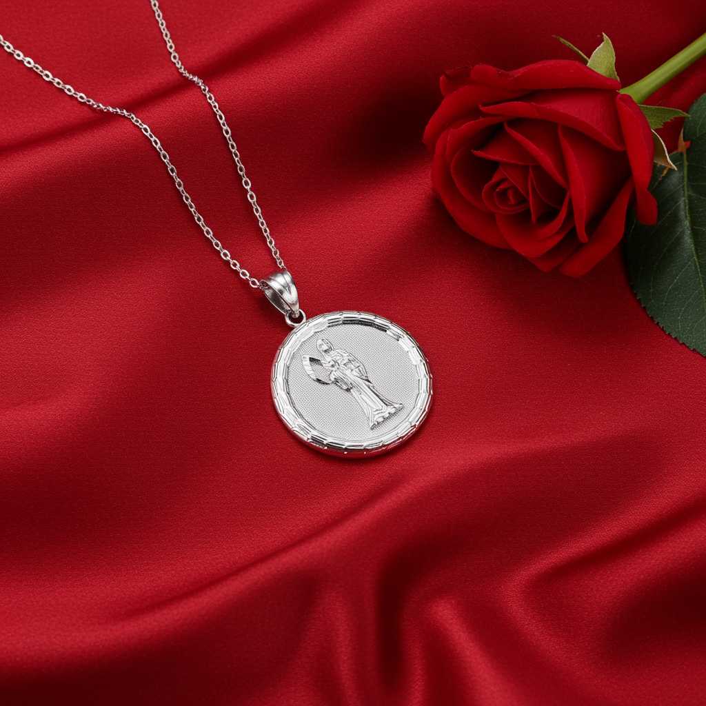 Gold Santa Muerte Medallion Pendant Necklace in 10K or 14K, Yellow, White, Rose, 2-Tone