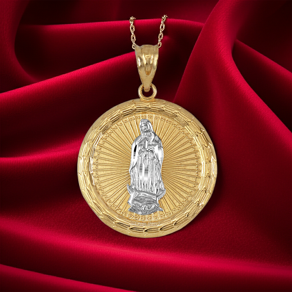 Gold Virgin Mary Guadalupe Medallion Pendant Necklace in 10K or 14K, Yellow, White, Rose, 2-Tone