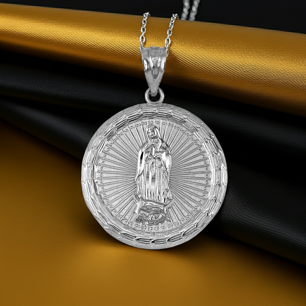 Gold Virgin Mary Guadalupe Medallion Pendant Necklace in 10K or 14K, Yellow, White, Rose, 2-Tone
