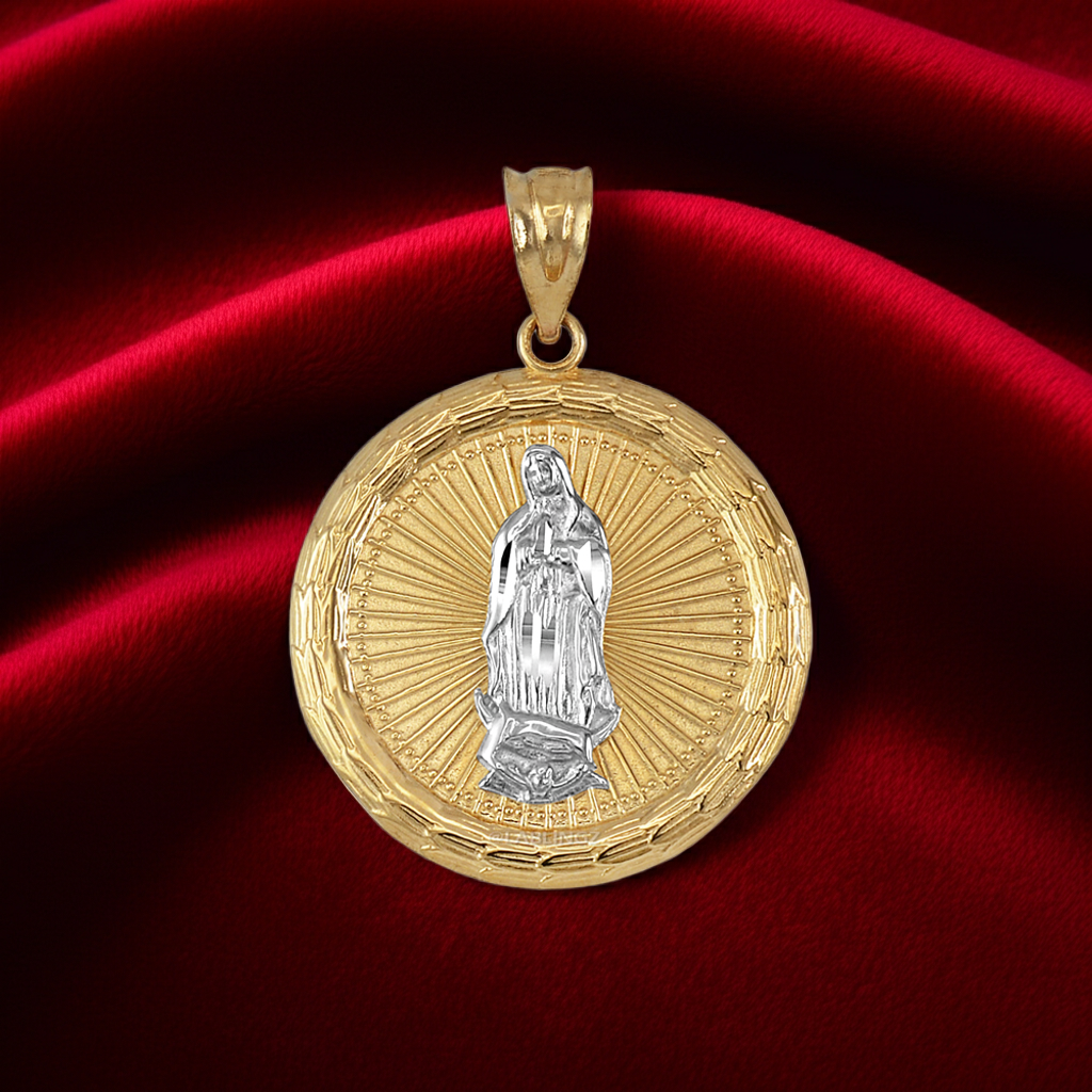 Gold Virgin Mary Guadalupe Medallion Pendant Necklace in 10K or 14K, Yellow, White, Rose, 2-Tone