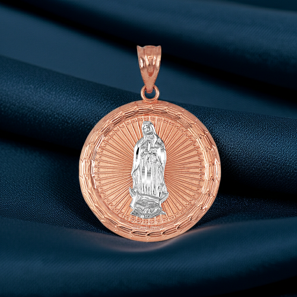 Gold Virgin Mary Guadalupe Medallion Pendant Necklace in 10K or 14K, Yellow, White, Rose, 2-Tone