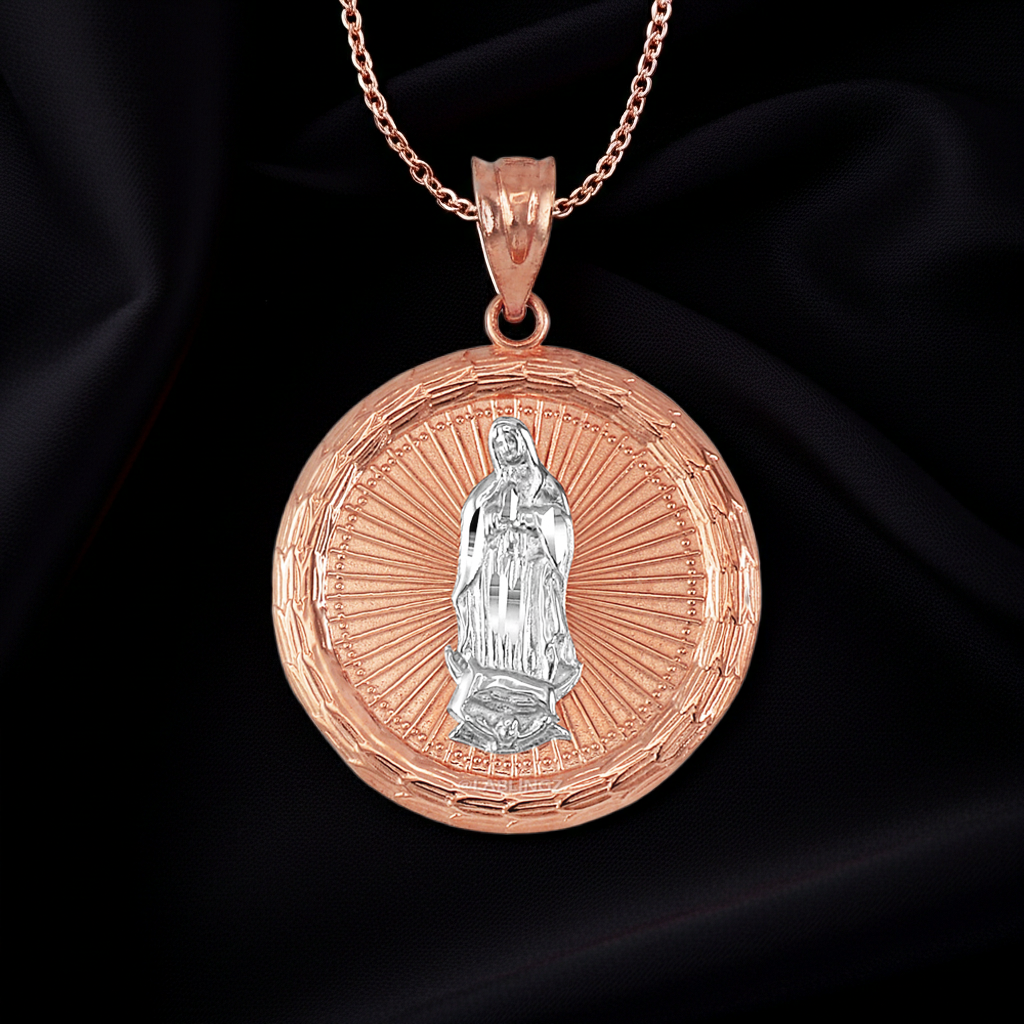 Gold Virgin Mary Guadalupe Medallion Pendant Necklace in 10K or 14K, Yellow, White, Rose, 2-Tone