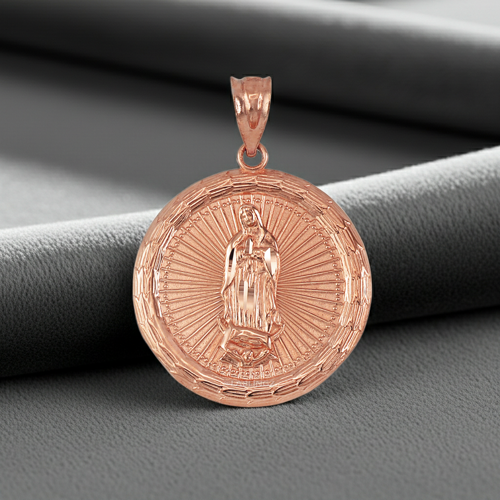 Gold Virgin Mary Guadalupe Medallion Pendant Necklace in 10K or 14K, Yellow, White, Rose, 2-Tone