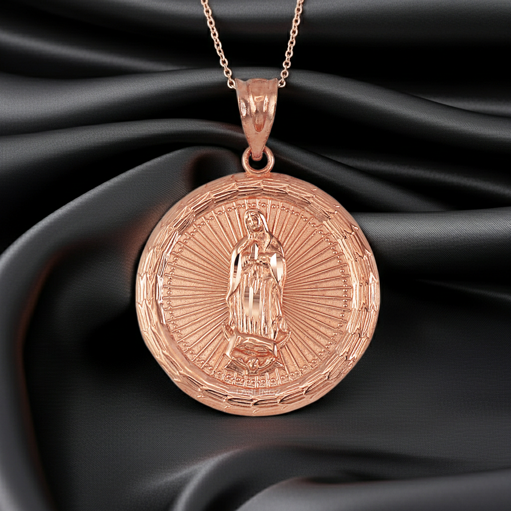 Gold Virgin Mary Guadalupe Medallion Pendant Necklace in 10K or 14K, Yellow, White, Rose, 2-Tone