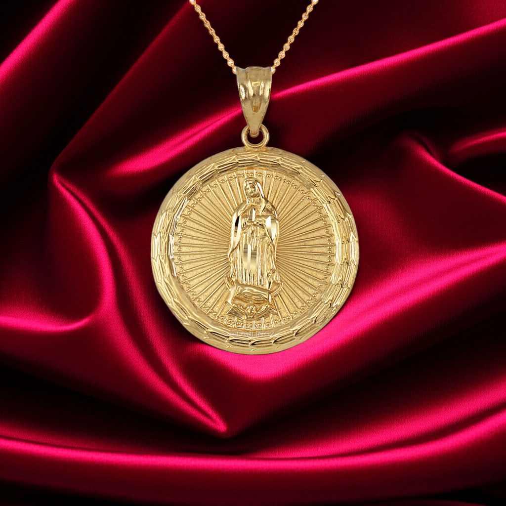 Gold Virgin Mary Guadalupe Medallion Pendant Necklace in 10K or 14K, Yellow, White, Rose, 2-Tone