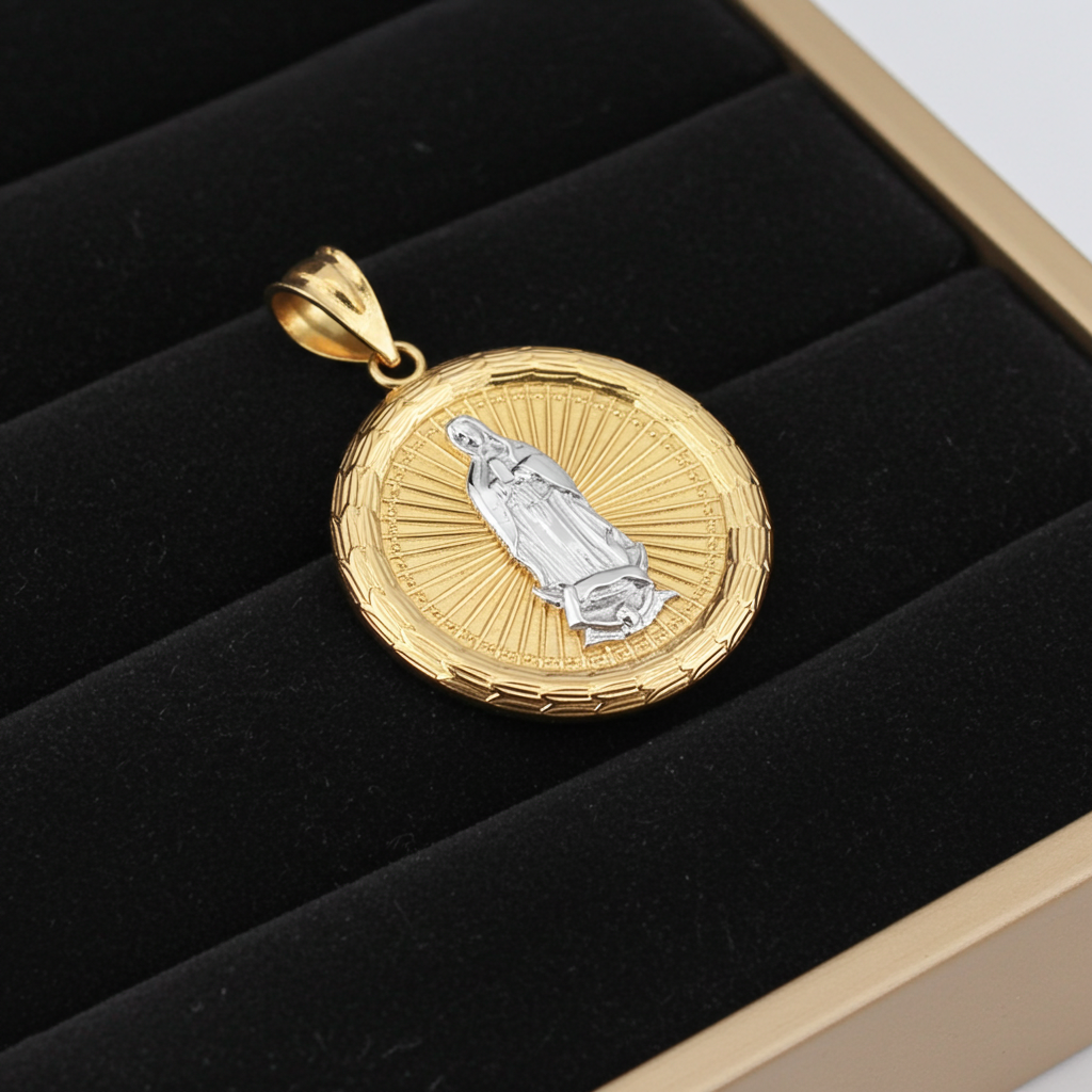 Gold Virgin Mary Guadalupe Medallion Pendant Necklace in 10K or 14K, Yellow, White, Rose, 2-Tone