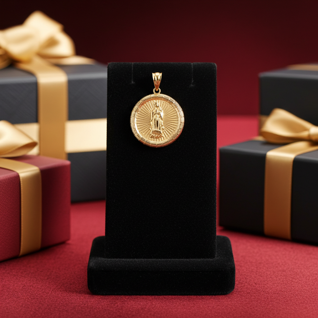 Gold Virgin Mary Guadalupe Medallion Pendant Necklace in 10K or 14K, Yellow, White, Rose, 2-Tone