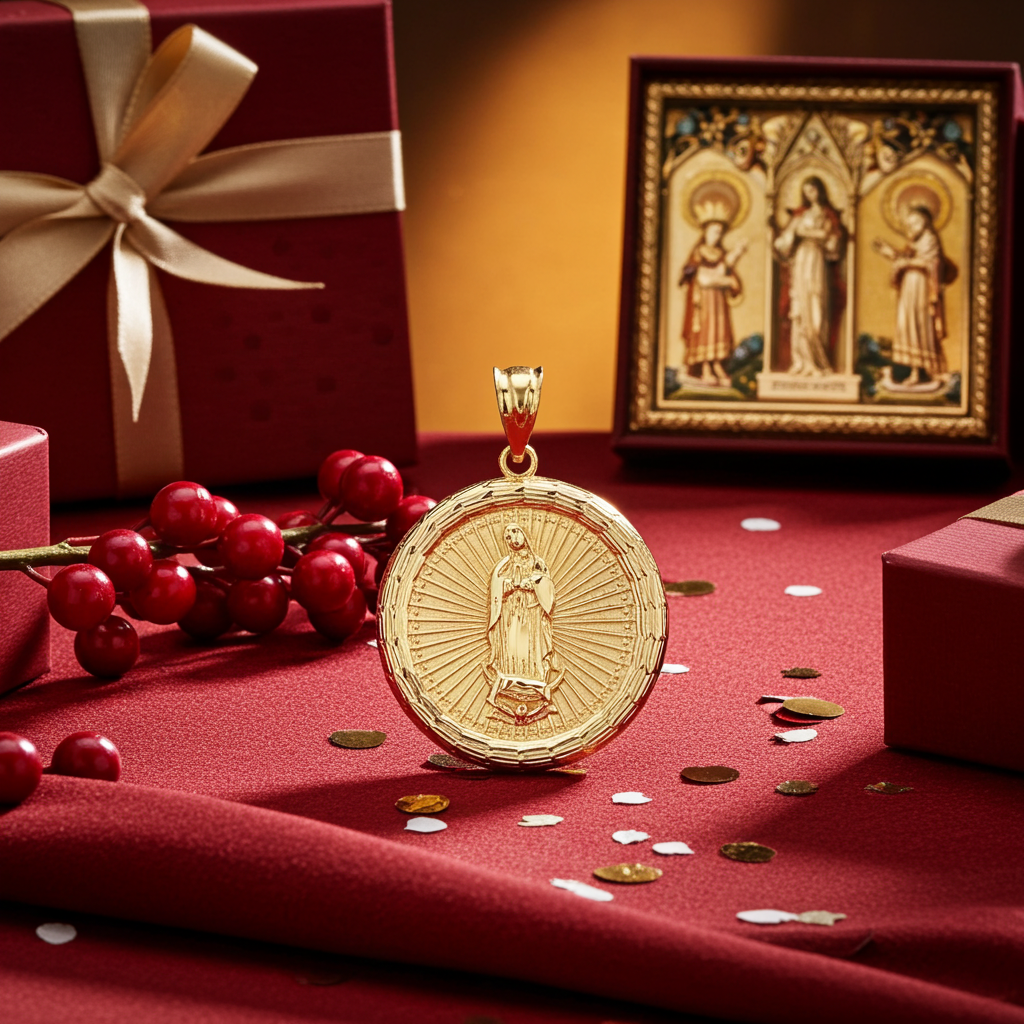 Gold Virgin Mary Guadalupe Medallion Pendant Necklace in 10K or 14K, Yellow, White, Rose, 2-Tone