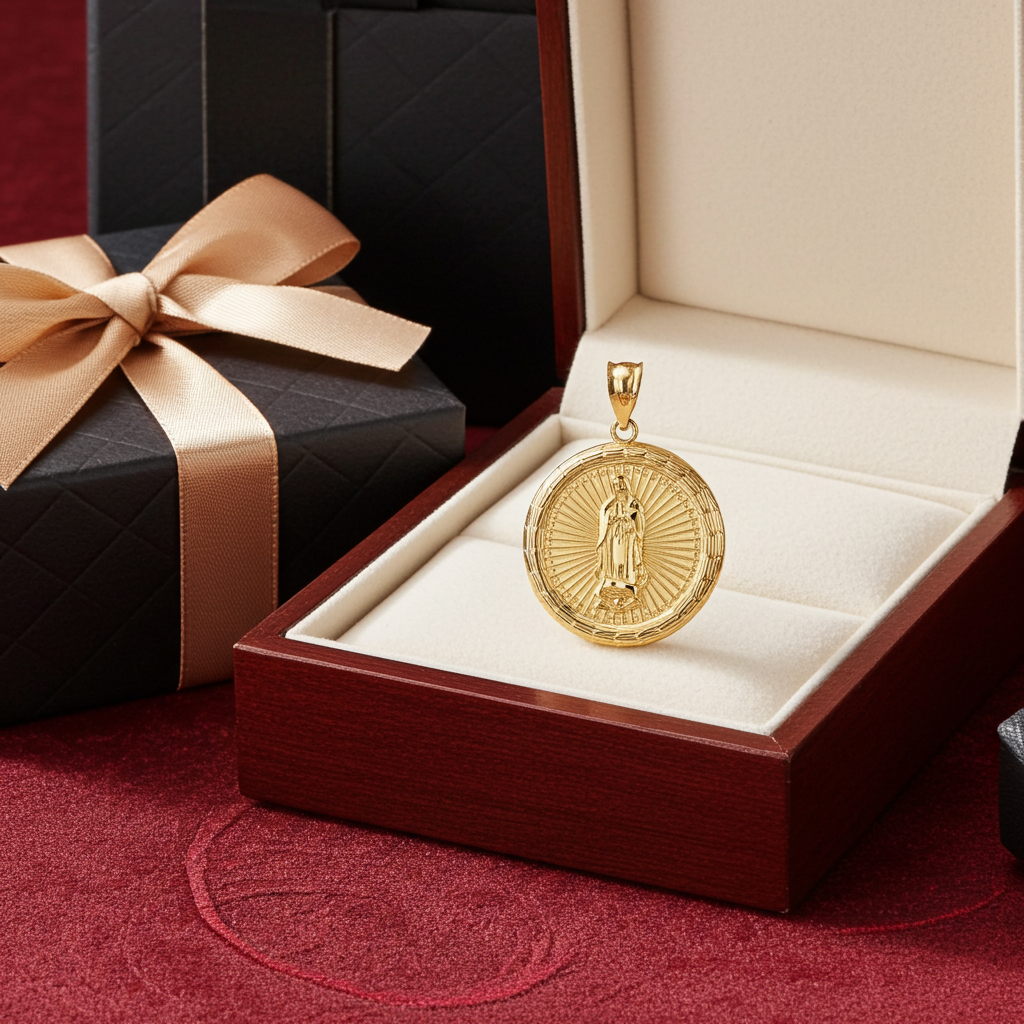 Gold Virgin Mary Guadalupe Medallion Pendant Necklace in 10K or 14K, Yellow, White, Rose, 2-Tone