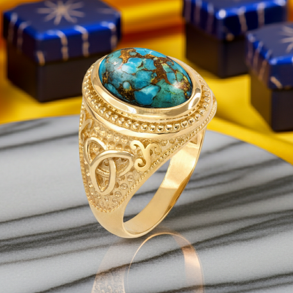 Gold Celtic Knot Blue Copper Turquoise Ring