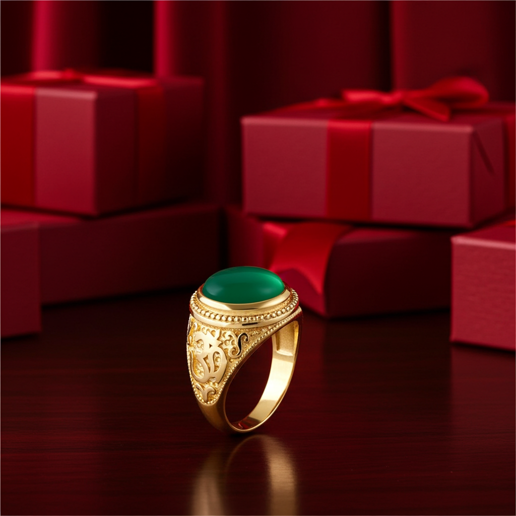 Gold Om Oval Cabochon Green Onyx Gemstone Mens Yoga Ring Karma Blingz
