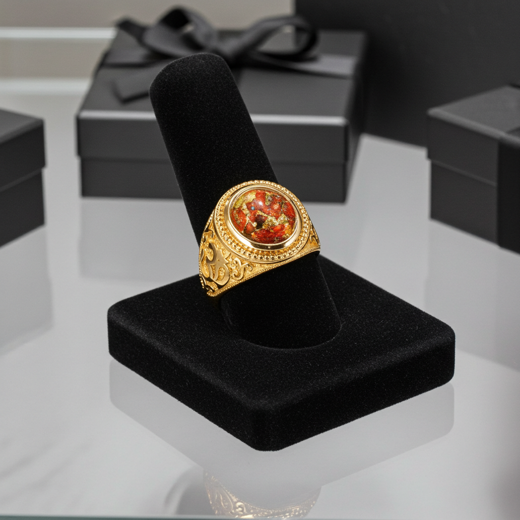 Gold Om (aum) Oval Orange Copper Turquoise Ring Karma Blingz